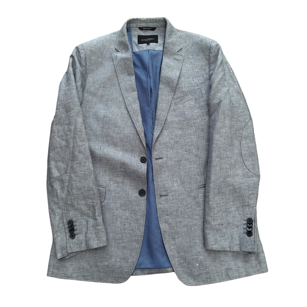 Banana Republic Tailored Fit Linen Cotton Blazer Blue Grey Elbow Patches 42R